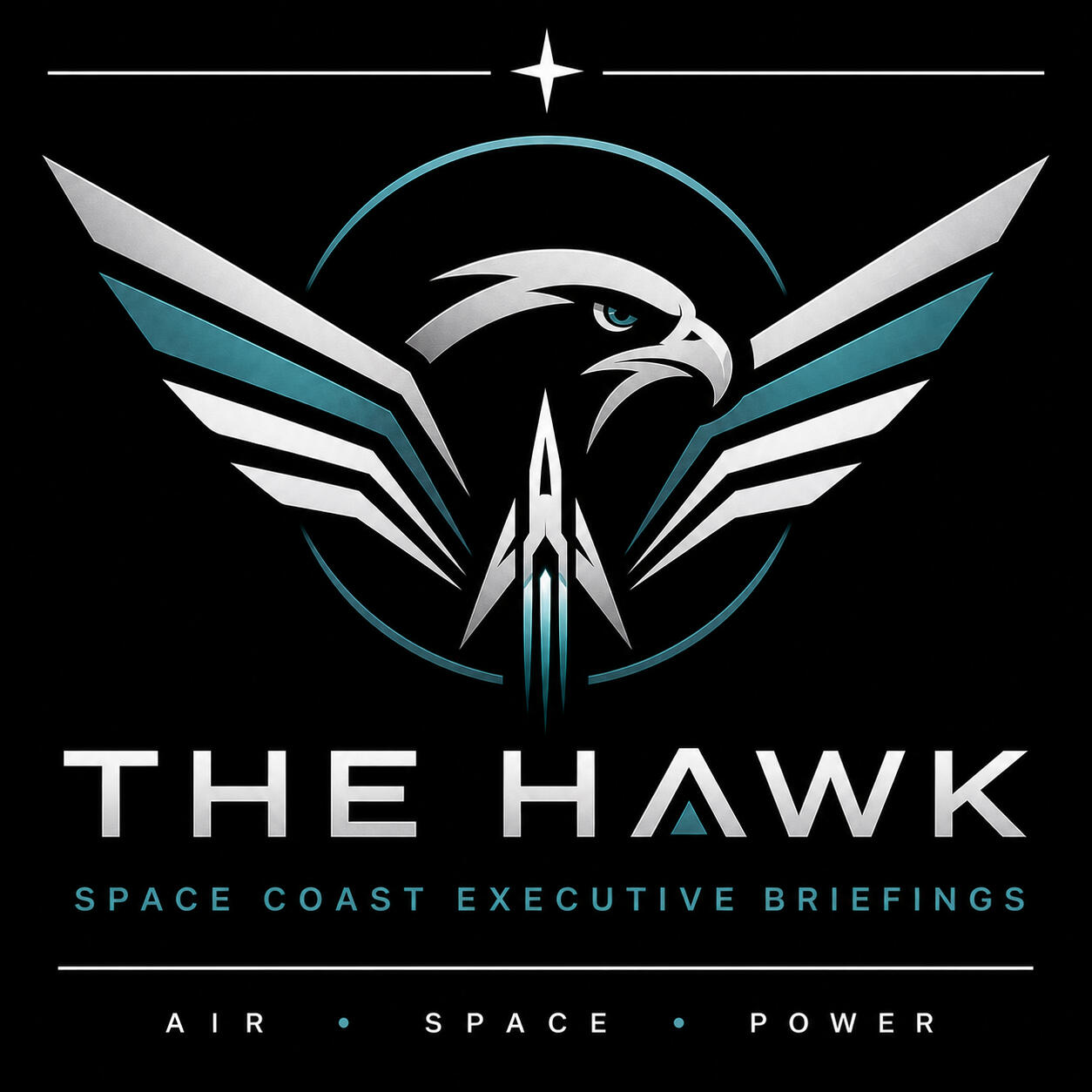 Company logo with black background and a silhouette of a hawk and rocket ship launch in green and white.